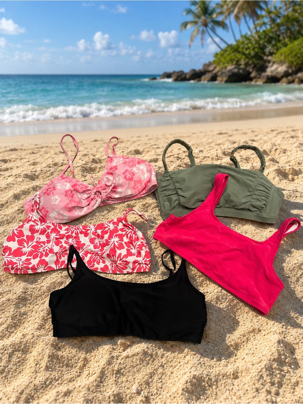 Women’s Assorted Bikini Tops – Pink, Olive, Black, Floral sizes L and XL